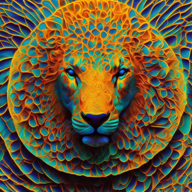 Colorful digital artwork: stylized lion with fractal mane in blue and orange