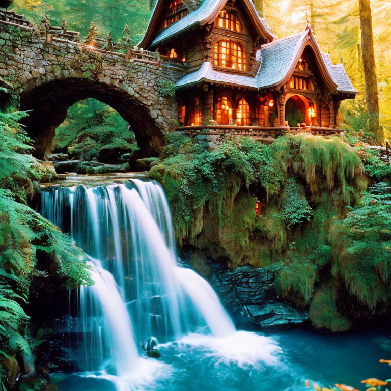 Cozy cottage on waterfall in lush forest with stone bridge