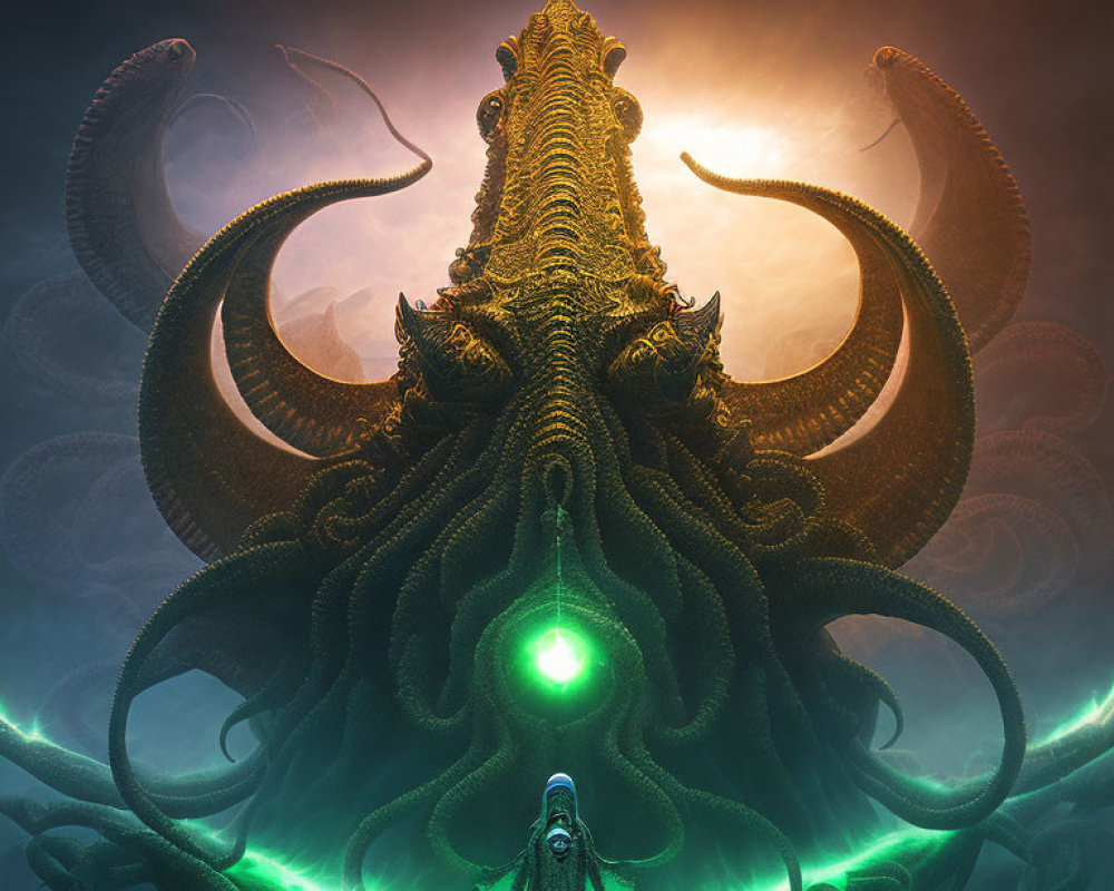 Mystical green glow surrounds tentacled creature and lone figure