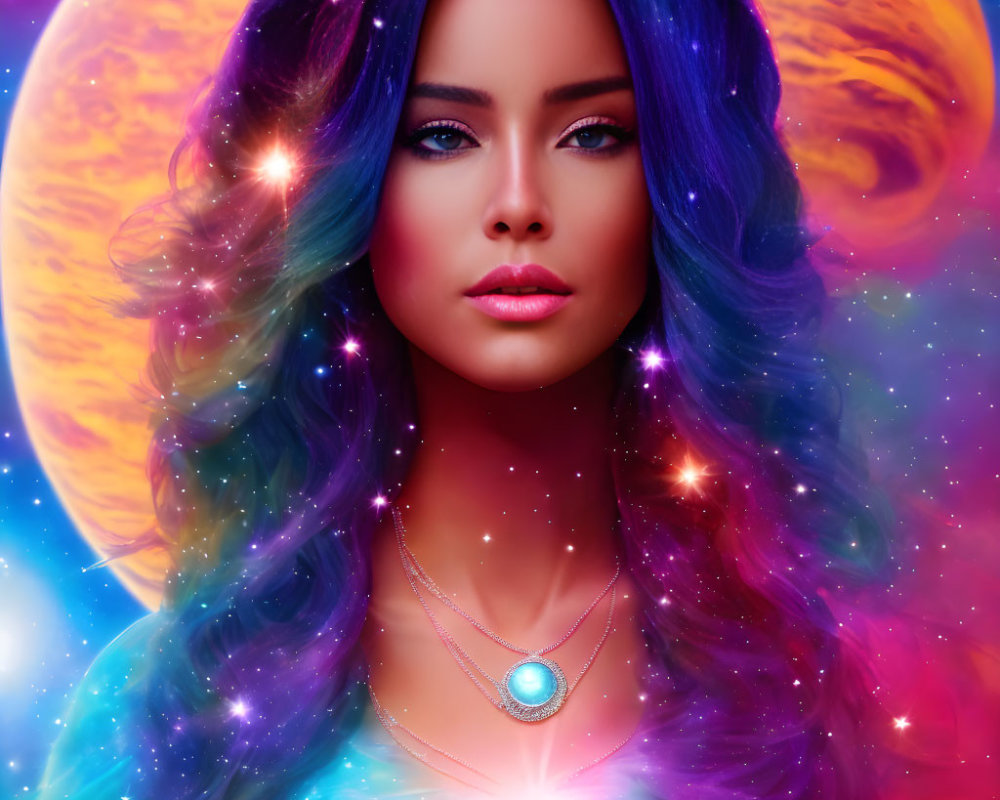 Vibrant blue and purple-haired woman in cosmic scene with celestial bodies.