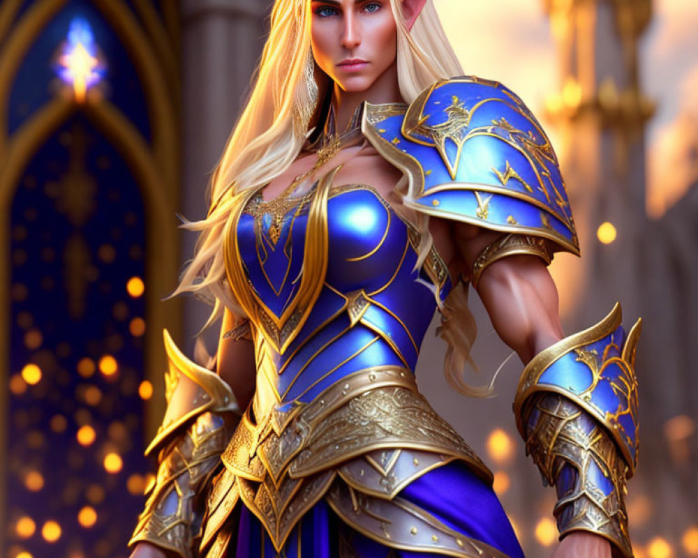 Fantasy female warrior in blue and gold armor with elfin features among gothic windows