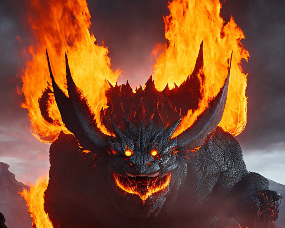 Majestic dragon with red eyes and fiery wings in volcanic setting