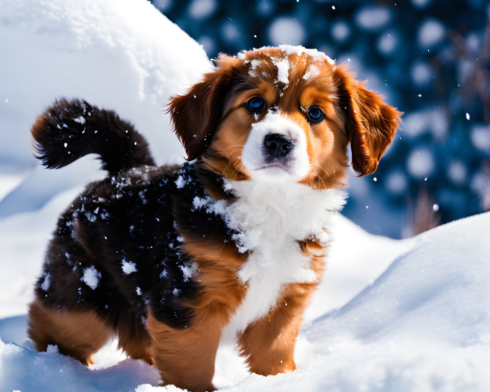 Fluffy Brown and White Puppy in Snowy Landscape