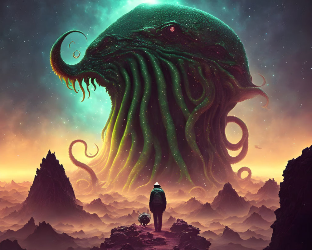 Figure gazes at giant green cephalopod in alien landscape