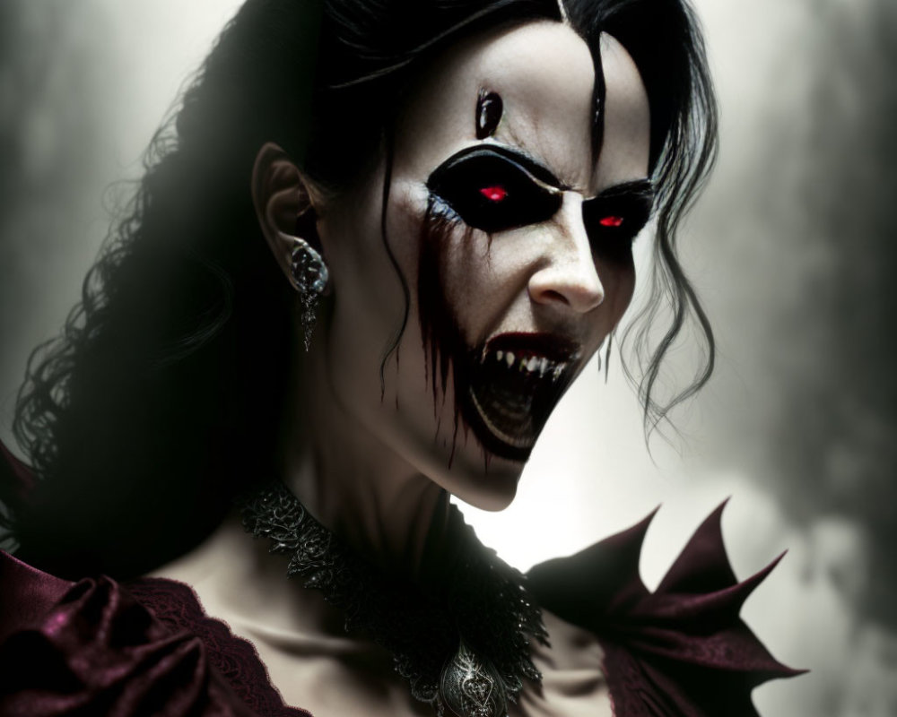 Dark vampire woman with red eyes, fangs, and elegant attire in menacing pose