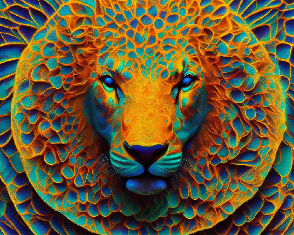 Colorful digital artwork: stylized lion with fractal mane in blue and orange