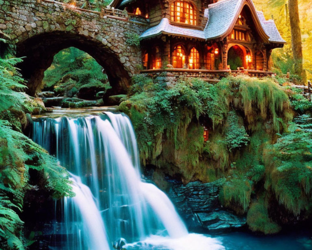 Cozy cottage on waterfall in lush forest with stone bridge