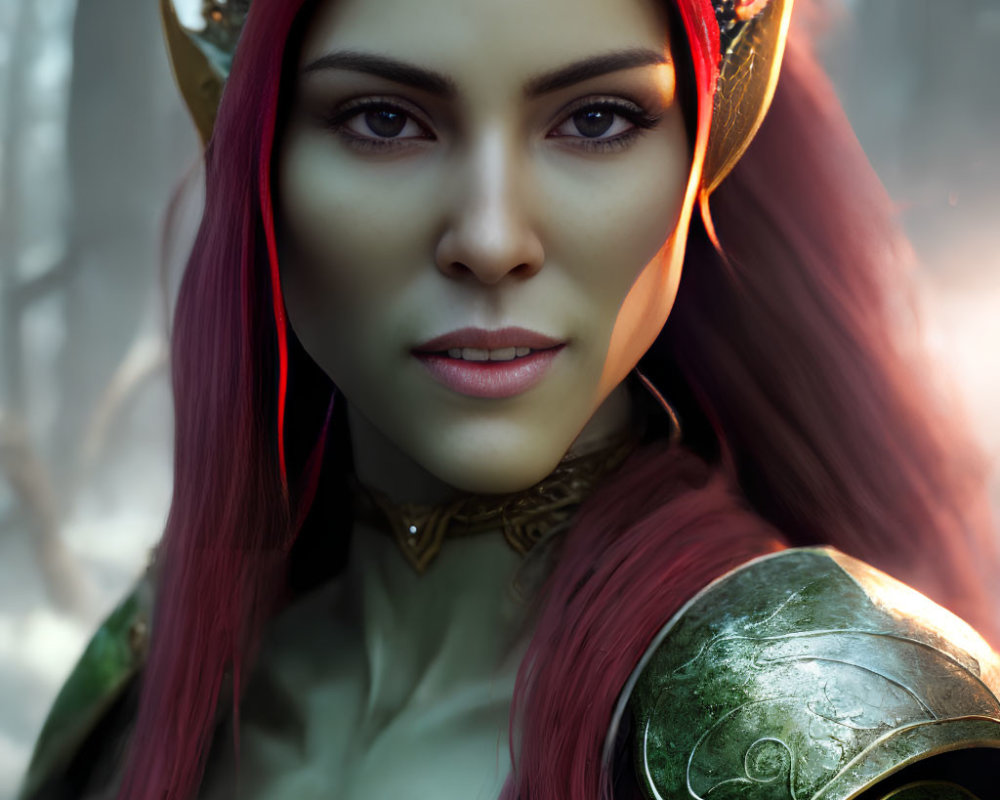 Red-haired woman in golden crown and green armor against misty forest