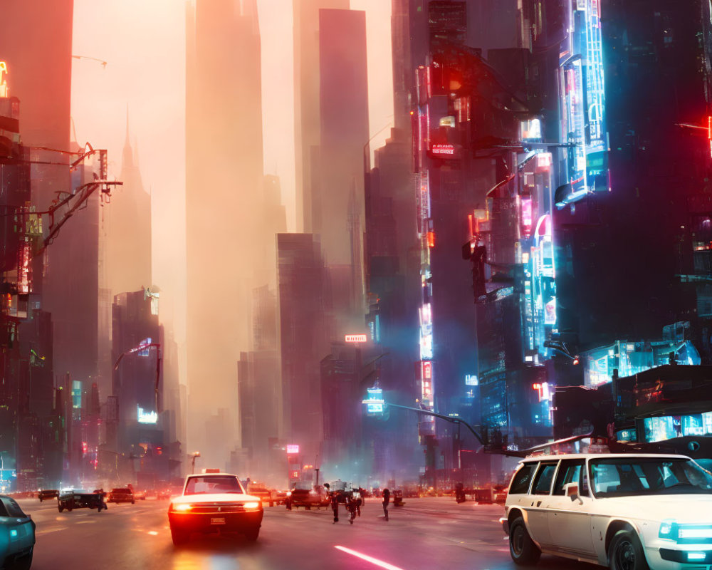 Futuristic cityscape with neon lights, skyscrapers, and retro-futuristic cars at