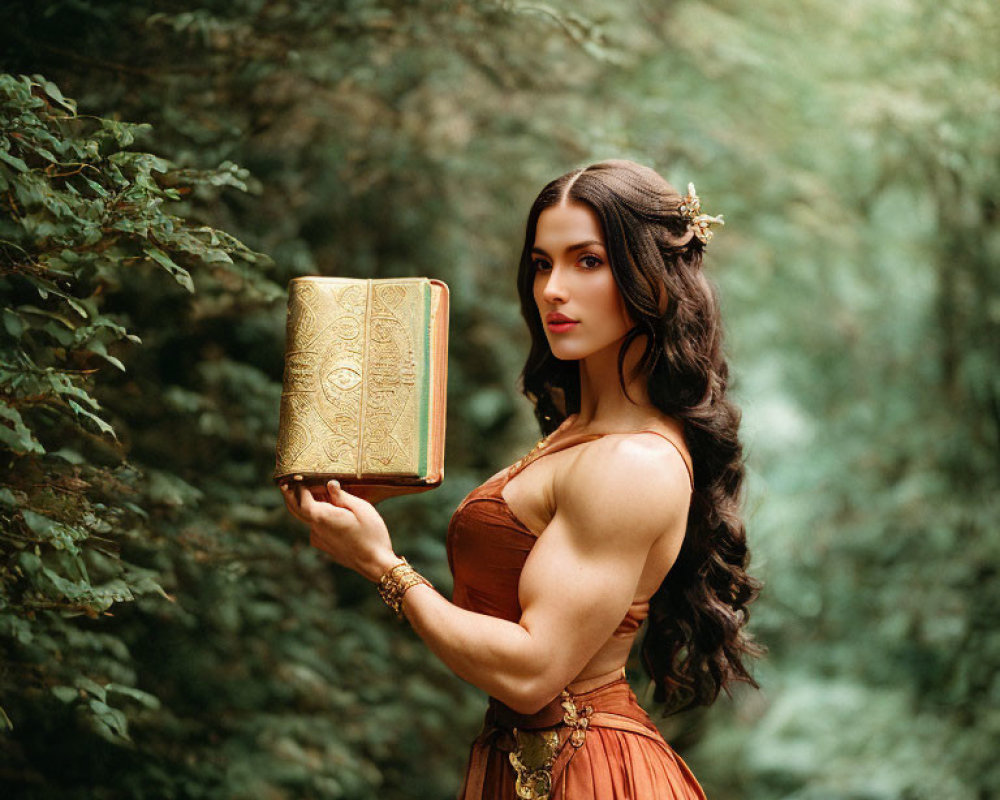 Person with long dark hair in brown dress holding golden book in lush forest