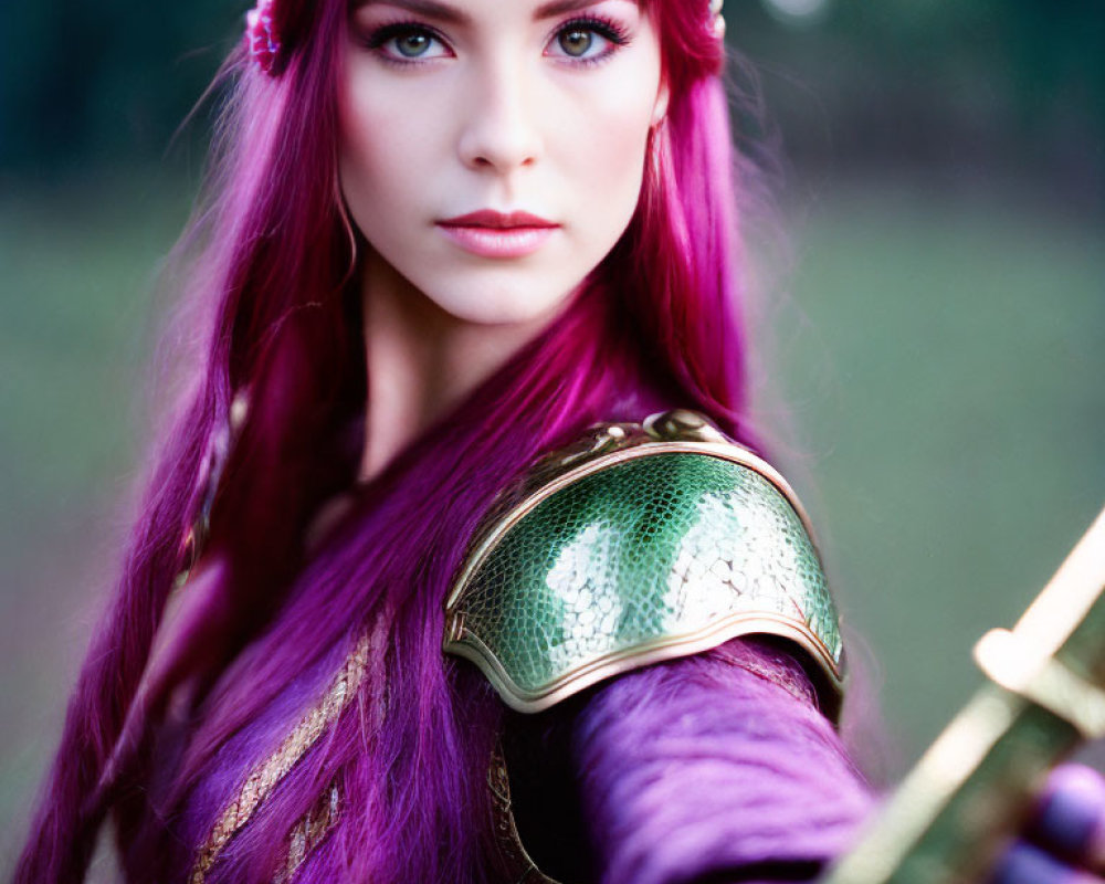 Purple-haired elf-like figure in armor wields sword in mystical forest