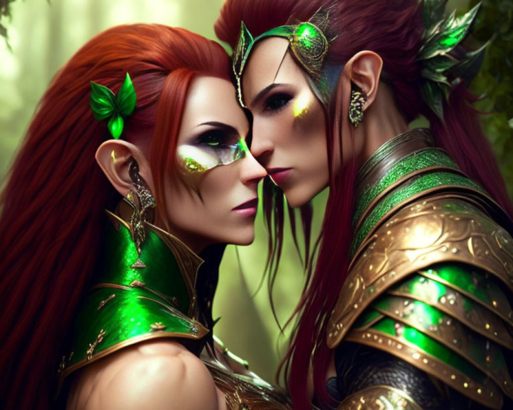 Fantasy Characters in Green Armor with Pointed Ears Embracing in Misty Forest