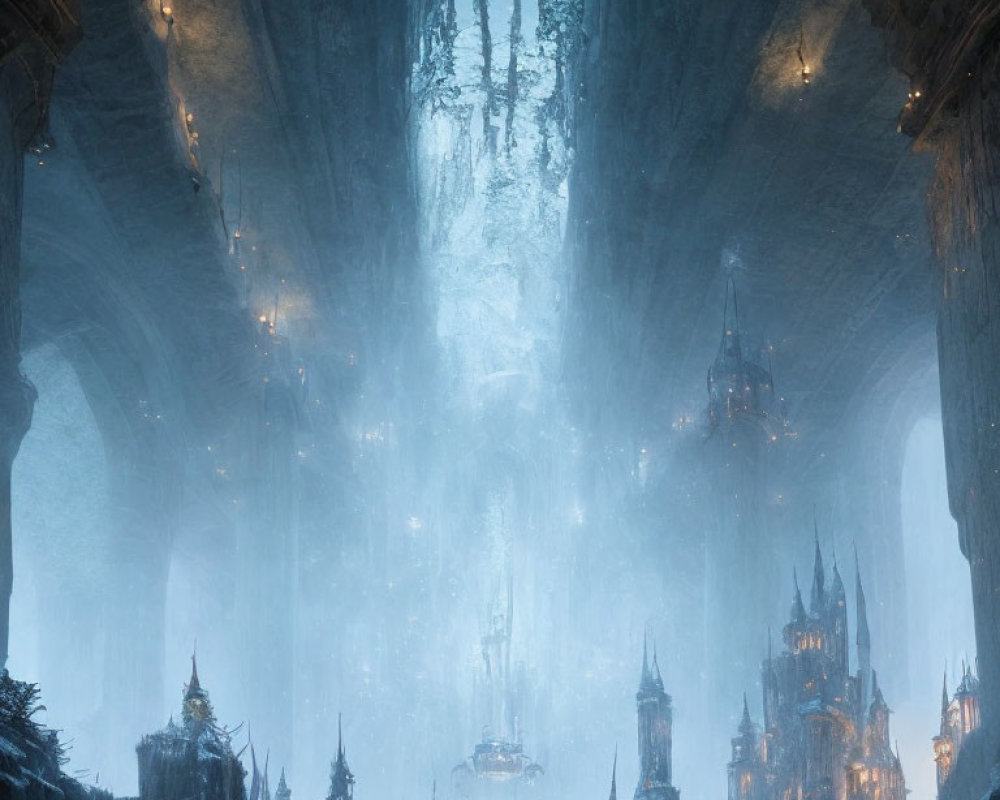 Majestic ice cave with towering spires and blue glow