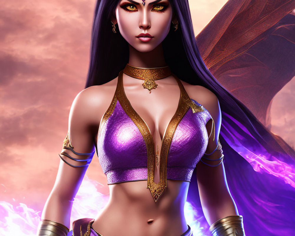 Female fantasy character with long black hair in purple and gold outfit