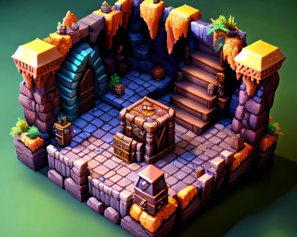 Isometric Fantasy Temple with Glowing Elements & Lush Vegetation