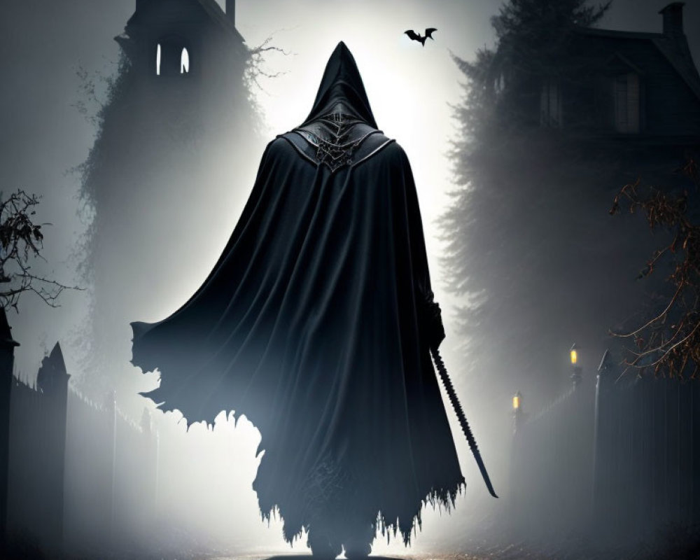 Mysterious cloaked figure with scythe in eerie foggy setting.