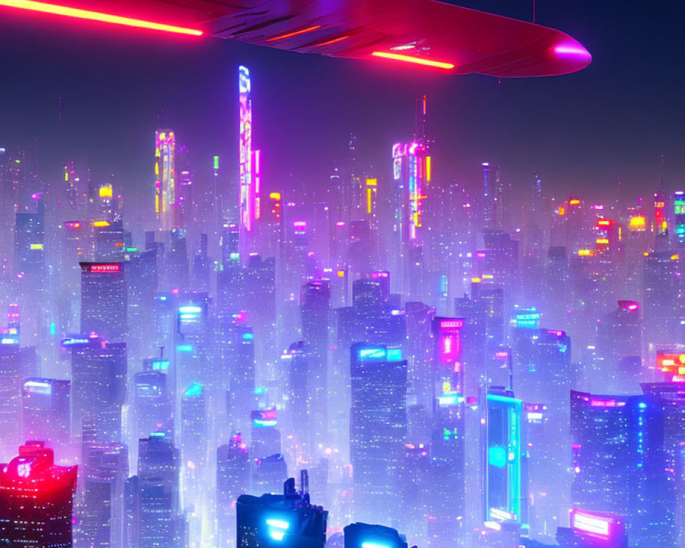 Neon-lit skyscrapers and flying vehicle in futuristic cityscape