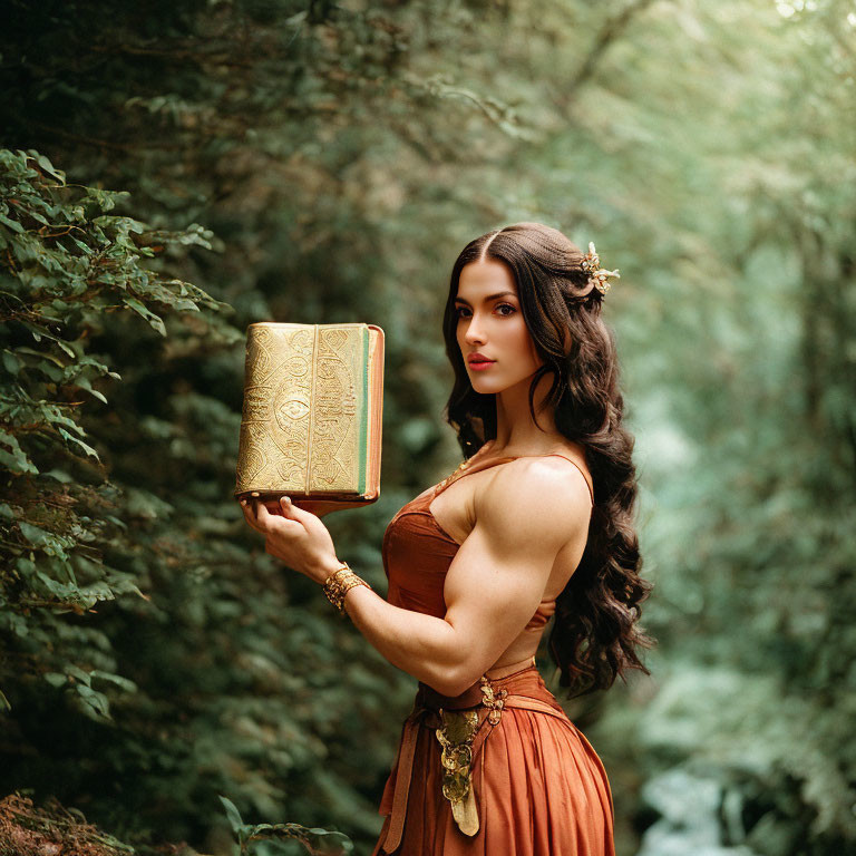 Person with long dark hair in brown dress holding golden book in lush forest