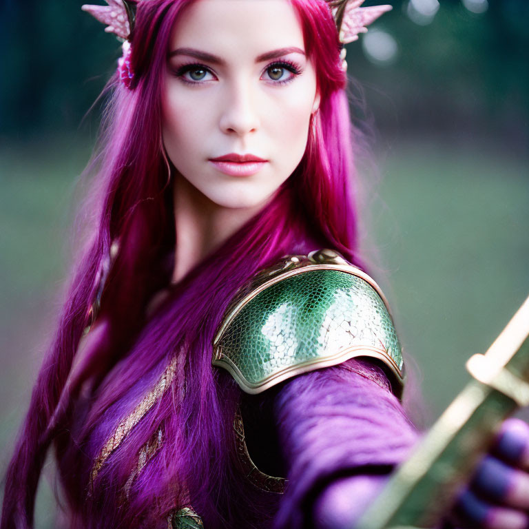 Purple-haired elf-like figure in armor wields sword in mystical forest