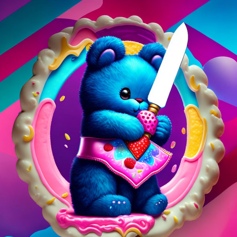 Colorful Teddy Bear with Knife and Strawberry in Pink Bib on Ornate Doughnut Frame