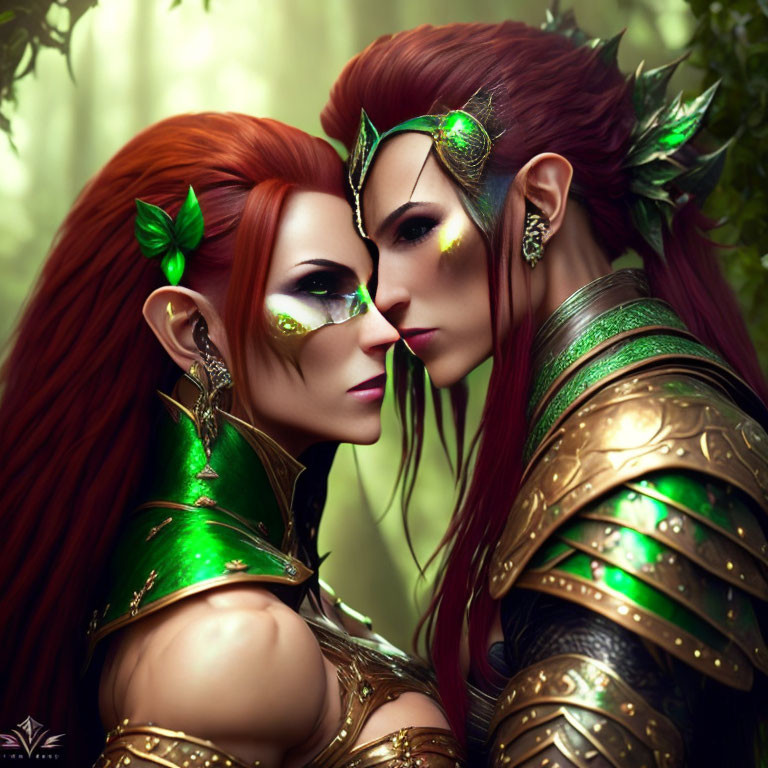 Fantasy Characters in Green Armor with Pointed Ears Embracing in Misty Forest