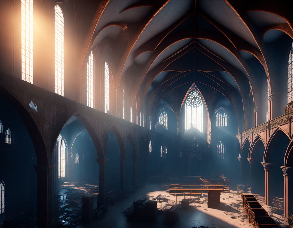 Abandoned church interior with sunlight streaming through tall windows