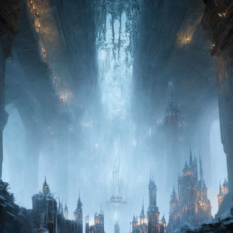 Majestic ice cave with towering spires and blue glow