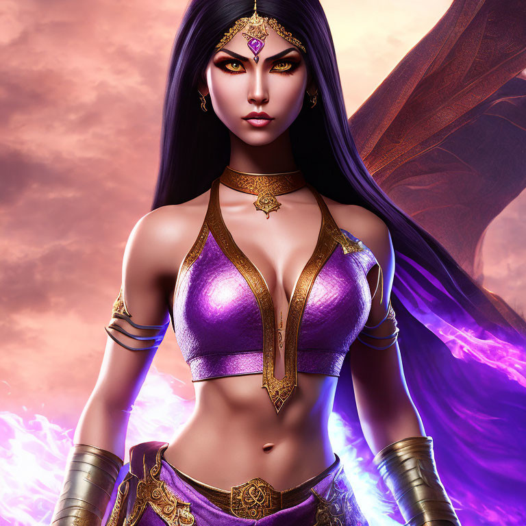 Female fantasy character with long black hair in purple and gold outfit