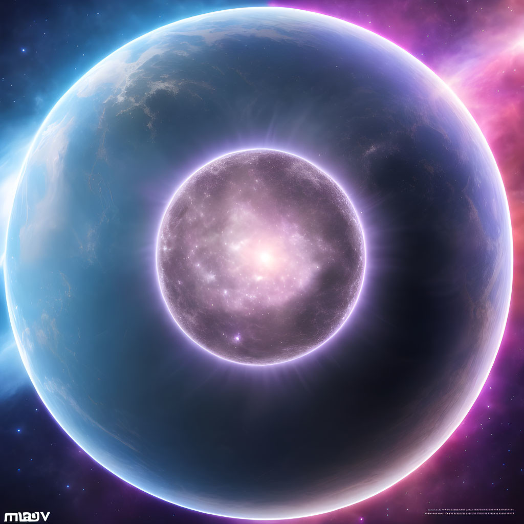 Detailed cosmic scene with large planet and glowing star in vibrant space.