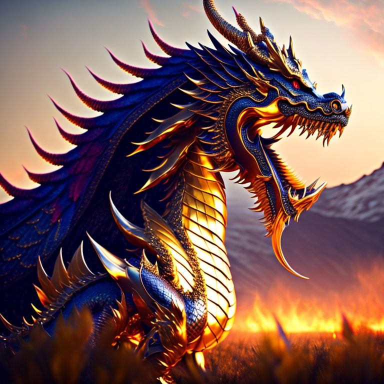 Blue Dragon with Golden Horns in Fiery Sunset Landscape