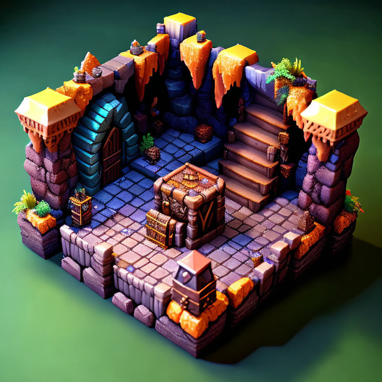 Isometric Fantasy Temple with Glowing Elements & Lush Vegetation