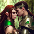 Two female warriors with red hair in fantasy armor face off in forest setting