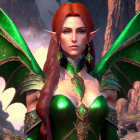 Red-haired female elf in green and gold armor with green wings on rocky background