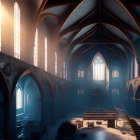 Abandoned church interior with sunlight streaming through tall windows