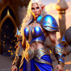 White-haired elven female in golden armor with book in forest