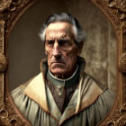 Portrait of elderly man with deep wrinkles and intense gaze in ornate gold frame