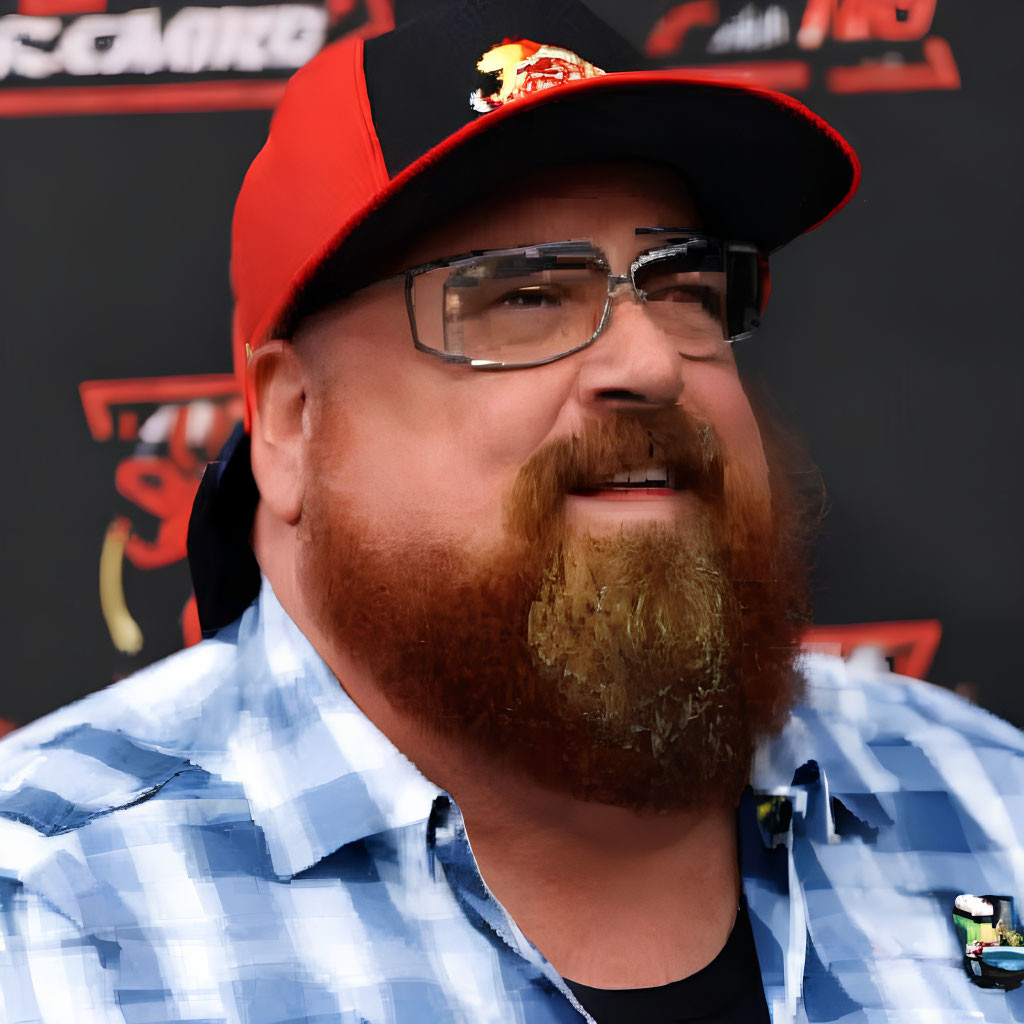 Bearded man in red cap and glasses smiling against logo backdrop