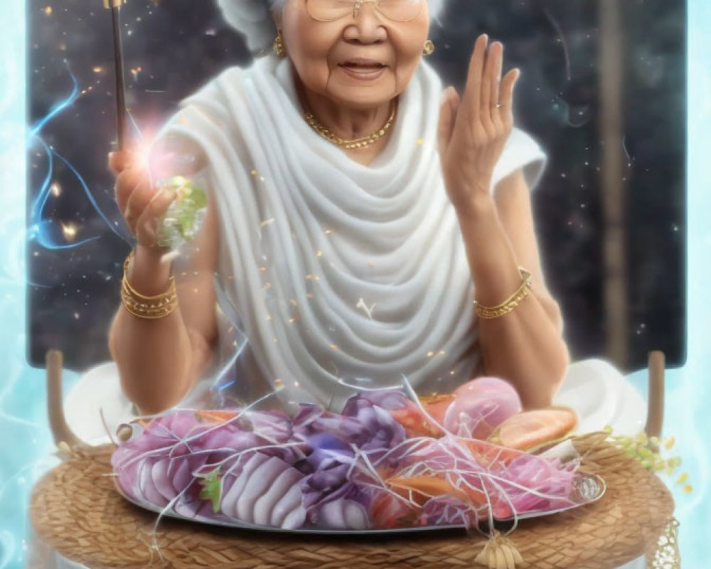 Elderly woman performs magical ritual with glowing orbs and mystical objects