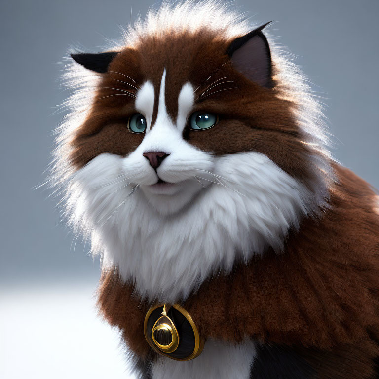 Fluffy Brown and White Cat Digital Artwork with Green Eyes and Golden Collar