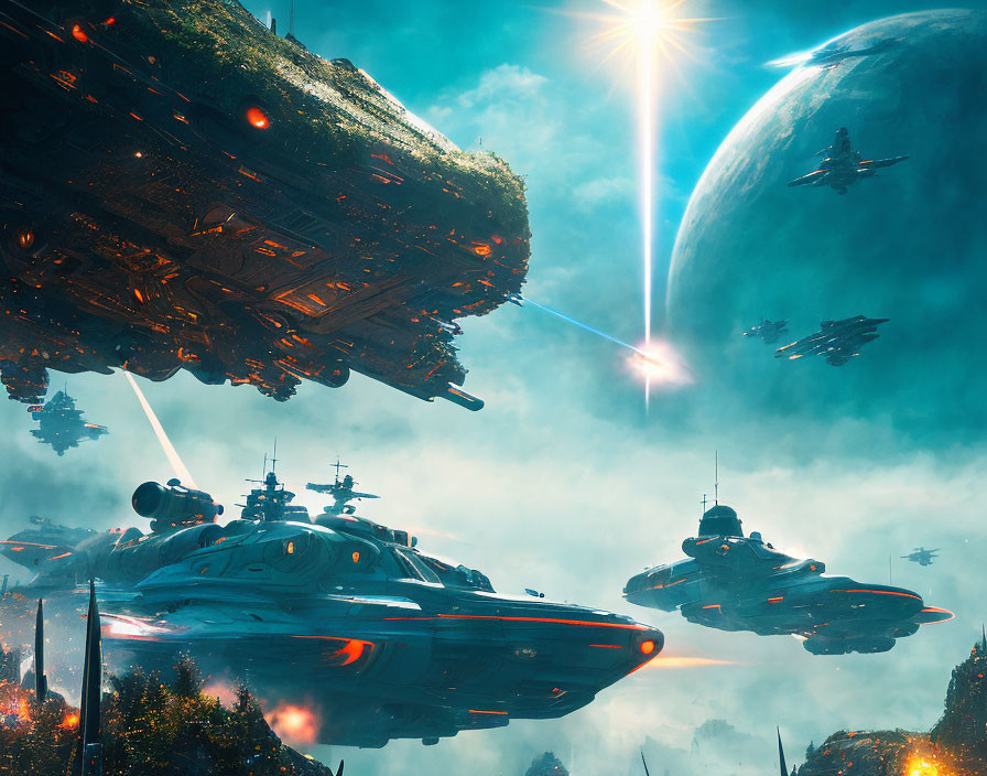 Intense space battle with lasers near alien planet