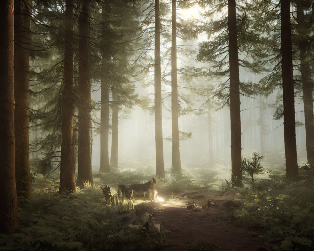 Mystical forest with tall trees and a wolf in a serene clearing