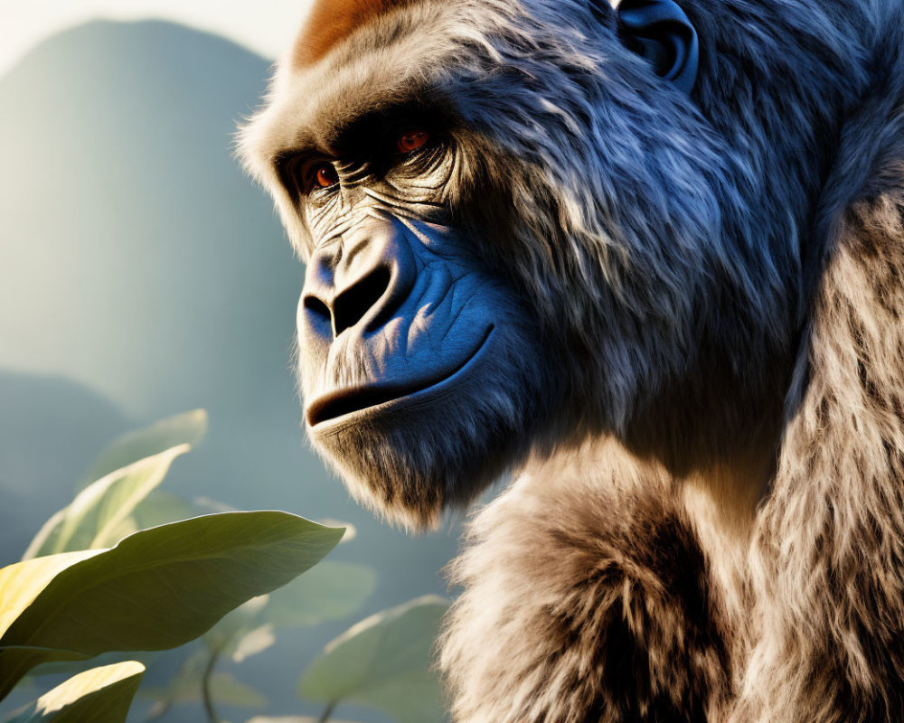 Detailed CGI gorilla with piercing blue eyes in serene natural foliage