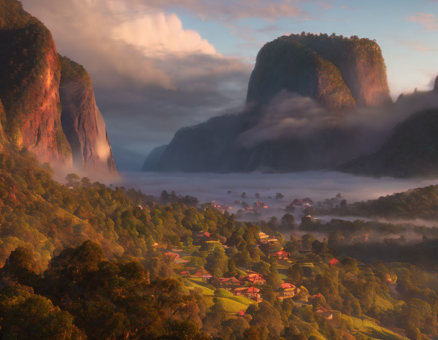 Majestic fog-covered mountains in serene village valley