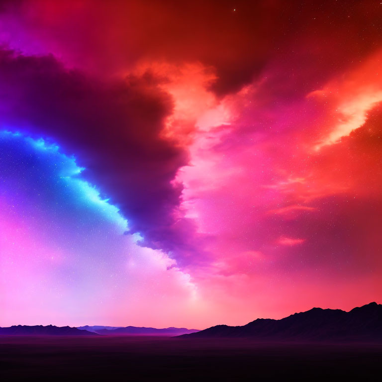 Colorful Twilight Sky over Silhouetted Mountains: Blue to Pink Spectrum