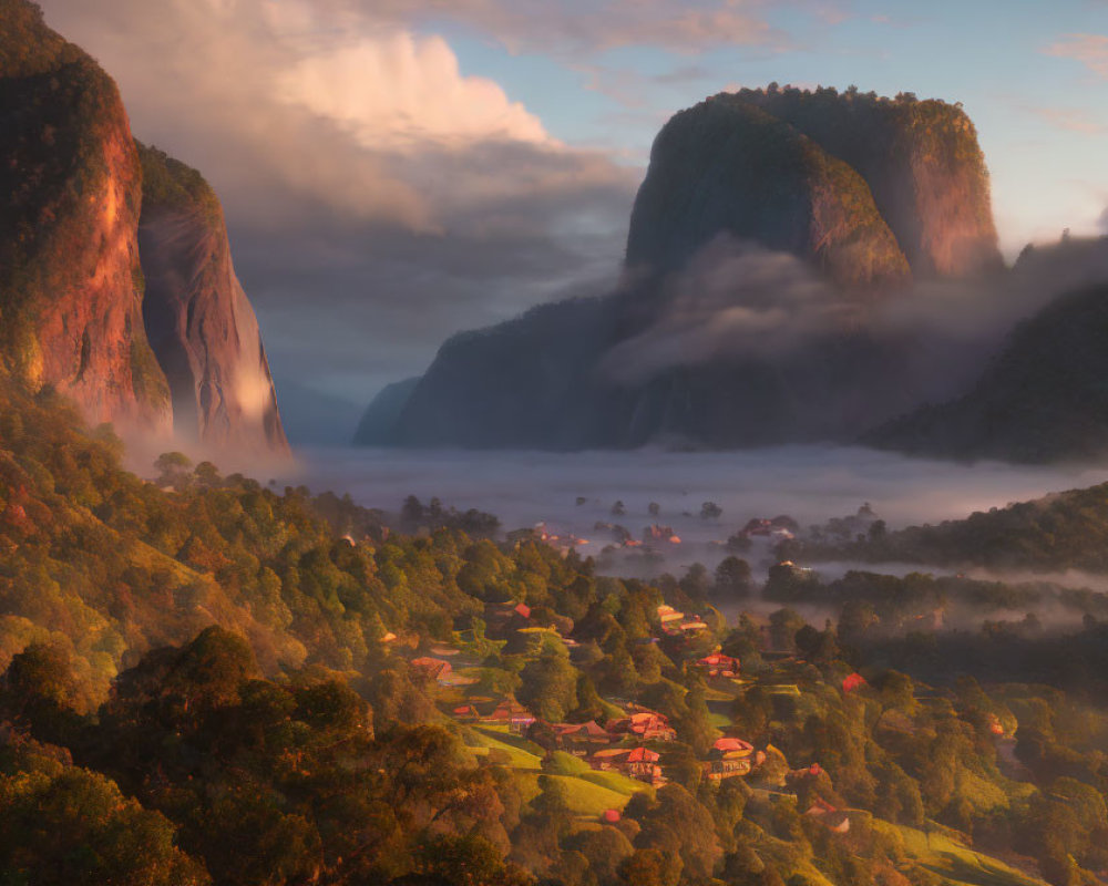 Majestic fog-covered mountains in serene village valley