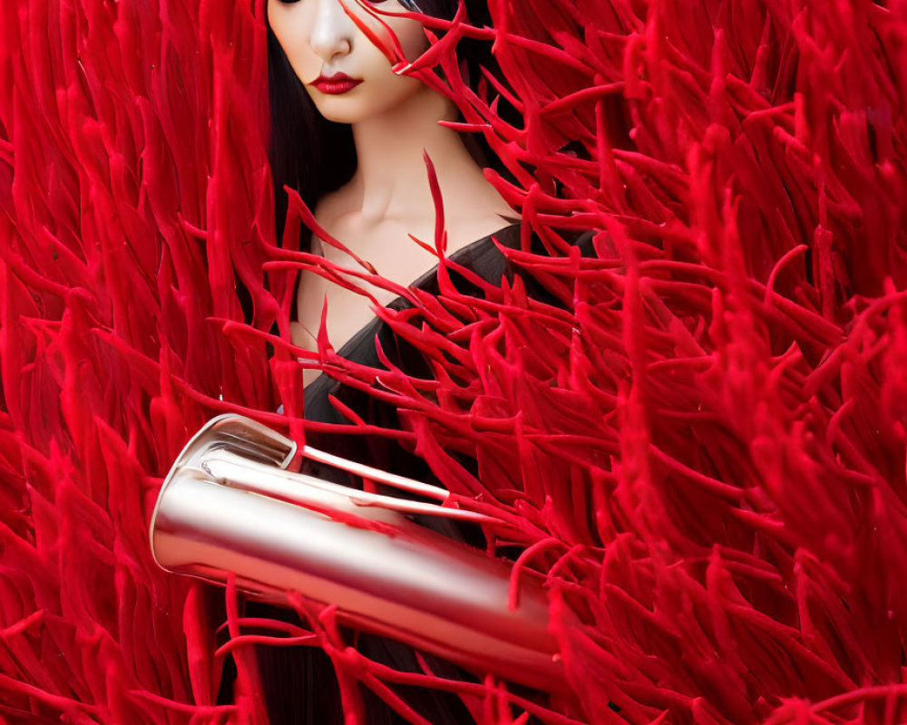 Pale-skinned person with dark hair obscured by vivid red threads holding reflective metallic object