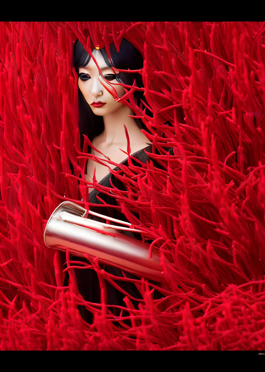 Pale-skinned person with dark hair obscured by vivid red threads holding reflective metallic object