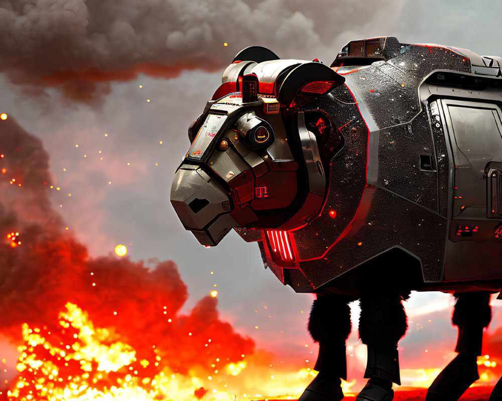 Futuristic robotic horse on fiery battlefield with glowing red elements