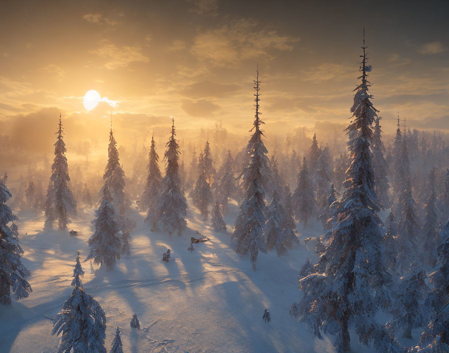 Winter sunrise illuminating snowy forest with sunbeams and frosted pine trees.