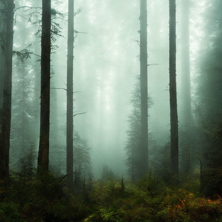 Misty forest with tall trees and faint glow in foggy setting